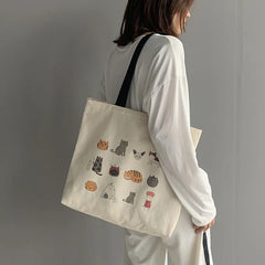 Large Canvas Totes Bag Japanese Cartoon Cat Travel Cotton Cloth Student Bags