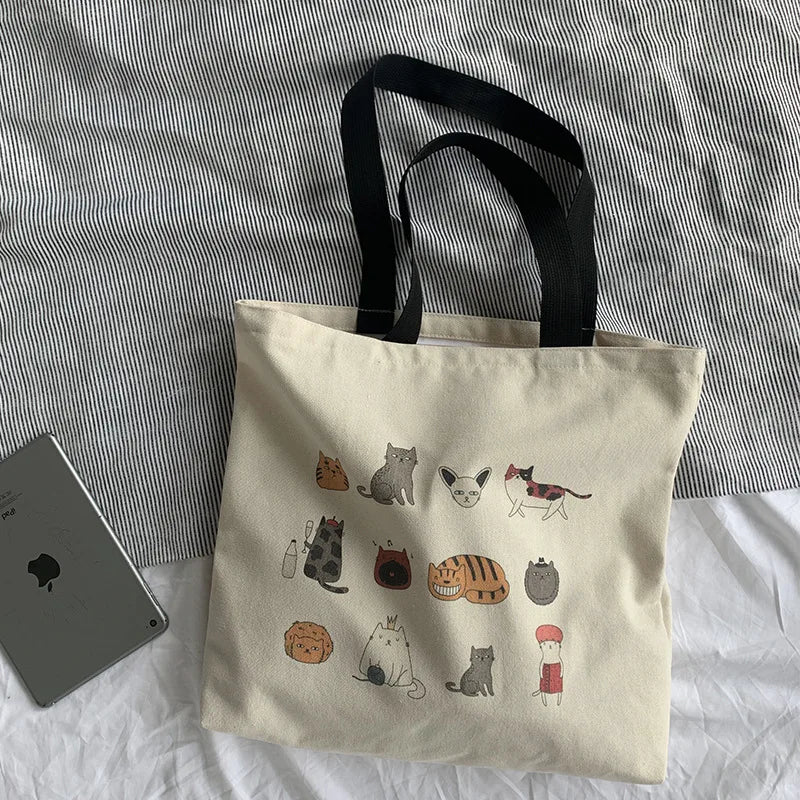 Large Canvas Totes Bag Japanese Cartoon Cat Travel Cotton Cloth Student Bags