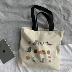 Large Canvas Totes Bag Japanese Cartoon Cat Travel Cotton Cloth Student Bags
