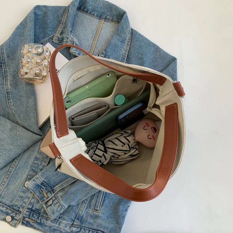 Large Capacity Canvas Bag Women Fashionable Pocket Shoulder Bags for Girls