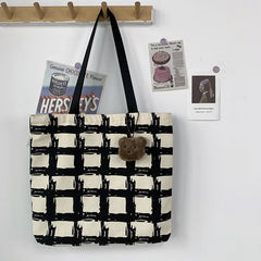 Canvas Shoulder Bag Plaid Zipper Top-handle Girls Campus Commute
