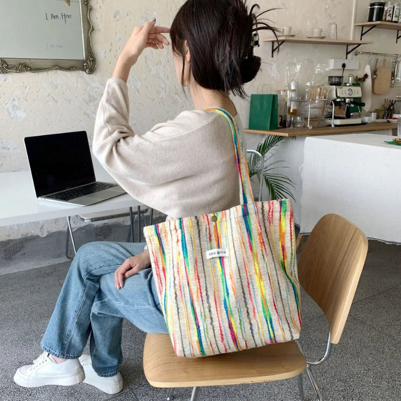 Large Capacity Canvas Stripe Shoulder Bag Women Versatile Crossbody