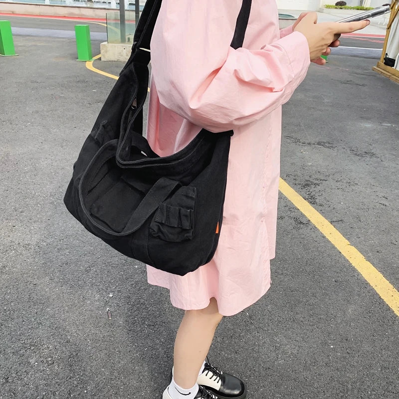 Large Capacity Canvas Handbag 100% Cotton Solid Messenger Bag Soft Cloth Tote