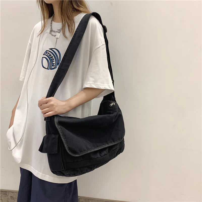 Large Capacity Canvas Shoulder Bags Solid Soft Denim Leisure Or Travel Bag