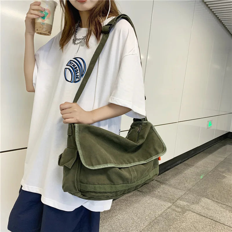 Large Capacity Canvas Shoulder Bags Solid Soft Denim Leisure Or Travel Bag