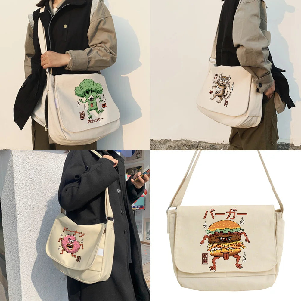Monster Printed Canvas Shoulder Bag for Women Harajuku Diagonal Crossbody