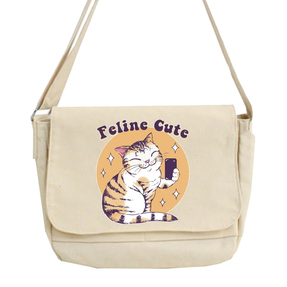 Japan Cat Printed Canvas Shoulder Bag for Women