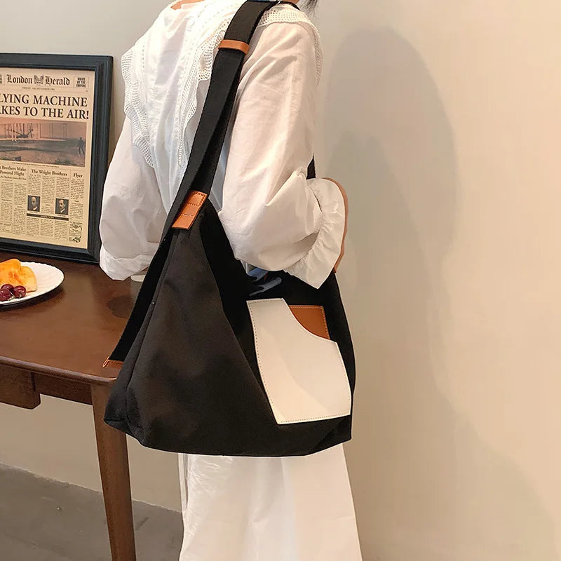 Large Capacity Canvas Tote Bags Contrast Bucket Travel Bag Girl's Shopper