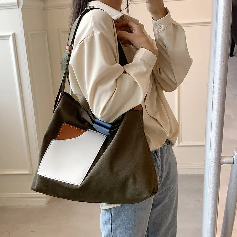 Large Capacity Canvas Tote Bags Contrast Bucket Travel Bag Girl's Shopper