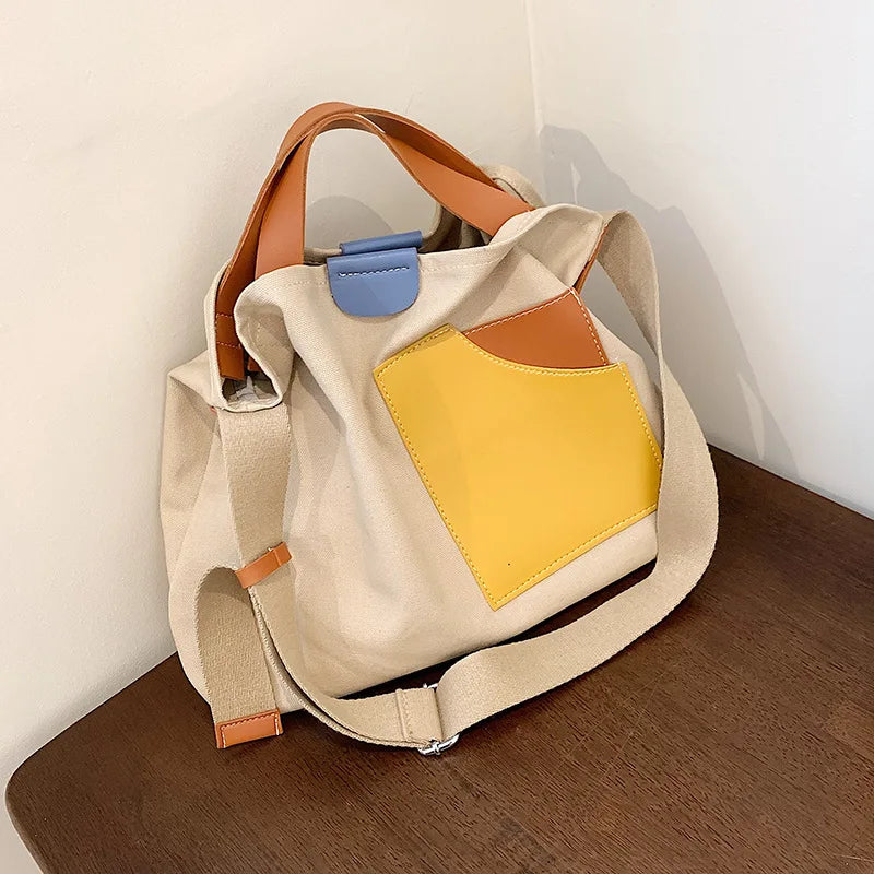 Large Capacity Canvas Tote Bags Contrast Bucket Travel Bag Girl's Shopper