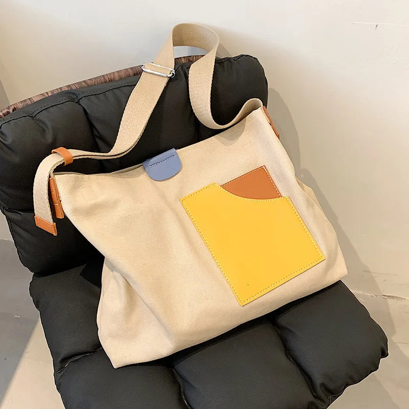 Large Capacity Canvas Tote Bags Contrast Bucket Travel Bag Girl's Shopper