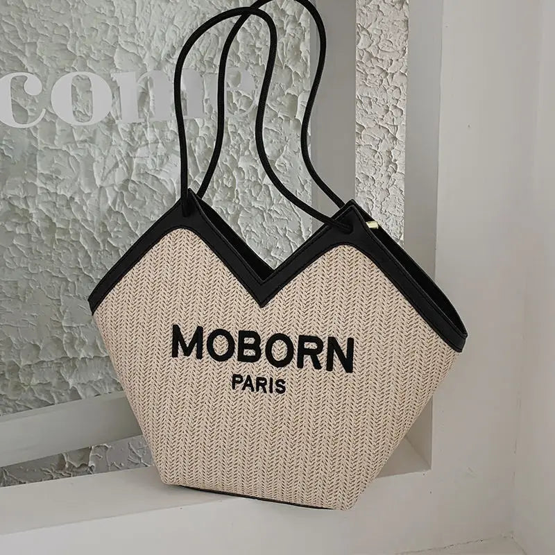 Large Capacity Canvas Totes for Women Zip Straw Bucket Bags Casual Shoulder Bag