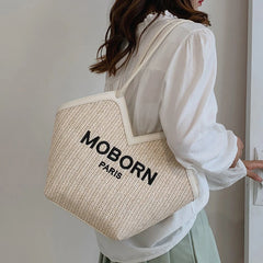 Large Capacity Canvas Totes for Women Zip Straw Bucket Bags Casual Shoulder Bag