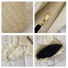 Large Capacity Canvas Totes for Women Zip Straw Bucket Bags Casual Shoulder Bag