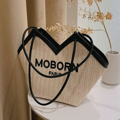Large Capacity Canvas Totes for Women Zip Straw Bucket Bags Casual Shoulder Bag