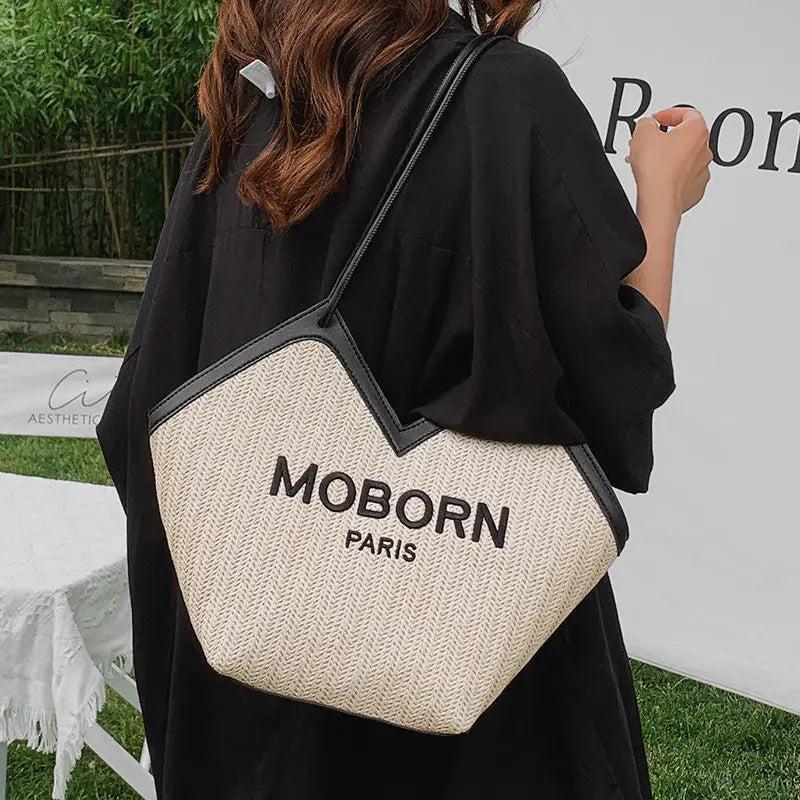 Large Capacity Canvas Totes for Women Zip Straw Bucket Bags Casual Shoulder Bag