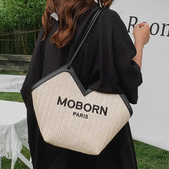 Large Capacity Canvas Totes for Women Zip Straw Bucket Bags Casual Shoulder Bag