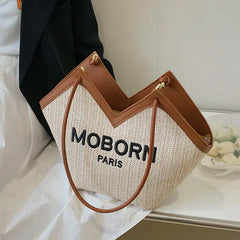 Large Capacity Canvas Totes for Women Zip Straw Bucket Bags Casual Shoulder Bag