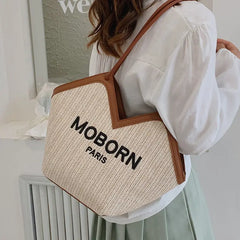 Large Capacity Canvas Totes for Women Zip Straw Bucket Bags Casual Shoulder Bag