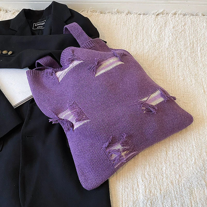 Purple Crochet Woolen Shoulder Bag Large Capacity Casual Tote for Women
