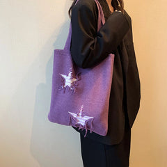Purple Crochet Woolen Shoulder Bag Large Capacity Casual Tote for Women