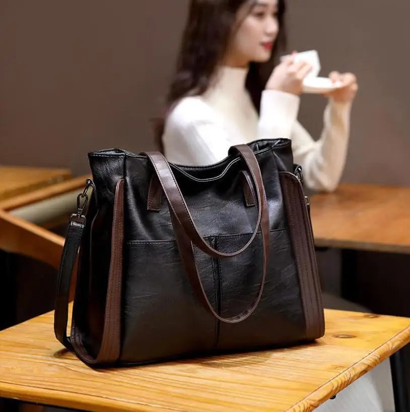 Vintage PU Leather Crossbody Bag Large Capacity Casual Tote Bag for Women