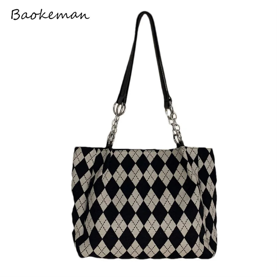 Large Capacity Checkerboard Tote Handbag Shoulder Bag Women Casual Solid Shoppin