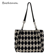 Large Capacity Checkerboard Tote Handbag Shoulder Bag Women Casual Solid Shoppin
