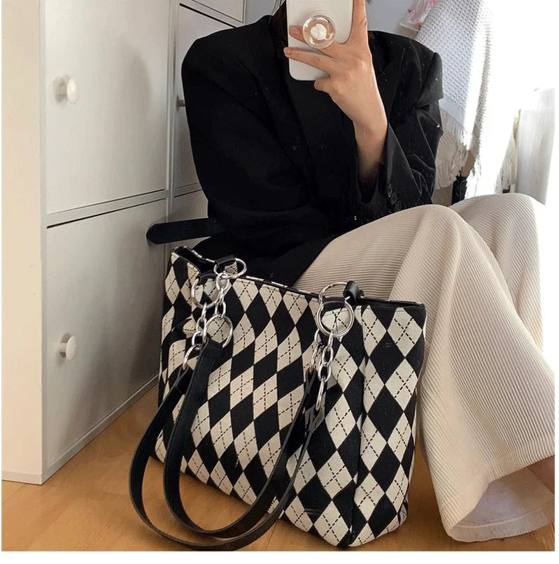 Large Capacity Checkerboard Tote Handbag Shoulder Bag Women Casual Solid Shoppin