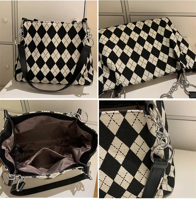 Large Capacity Checkerboard Tote Handbag Shoulder Bag Women Casual Solid Shoppin