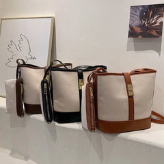 Large Capacity Bucket Bag Vintage Canvas Shoulder Messenger Handbag with Purse
