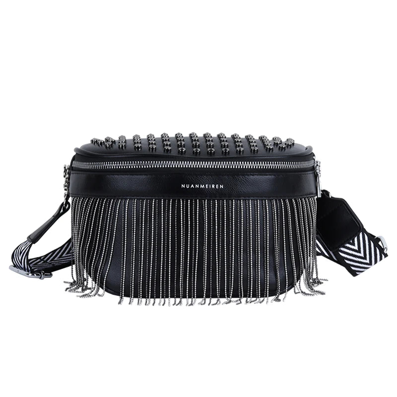Large Capacity Leather Chest Bag with Tassel and Rivet Design