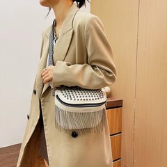 Large Capacity Leather Chest Bag with Tassel and Rivet Design