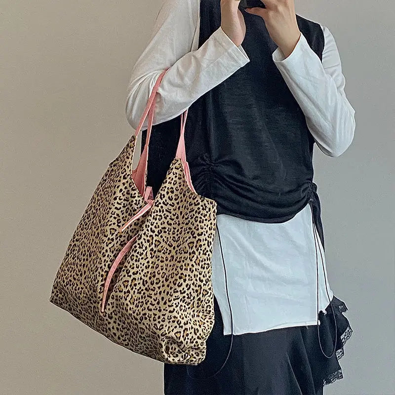 Leopard Pattern Canvas Handbag Women Shoulder Bag Travel Tote