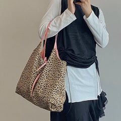 Leopard Pattern Canvas Handbag Women Shoulder Bag Travel Tote