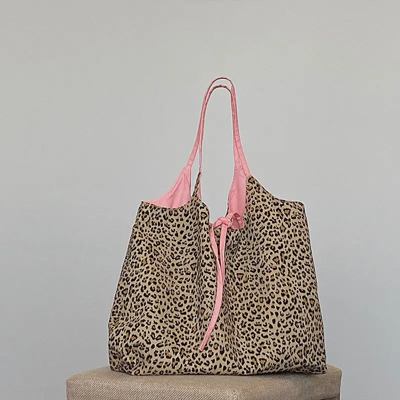 Leopard Pattern Canvas Handbag Women Shoulder Bag Travel Tote