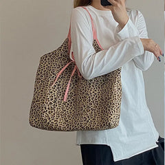 Leopard Pattern Canvas Handbag Women Shoulder Bag Travel Tote
