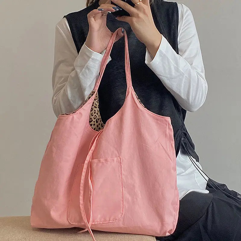 Leopard Pattern Canvas Handbag Women Shoulder Bag Travel Tote