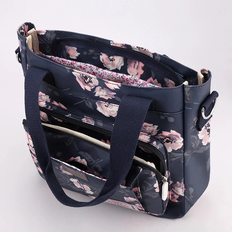 Floral Print Crossbody Bag Nylon Top-Handle Tote Women Handbag