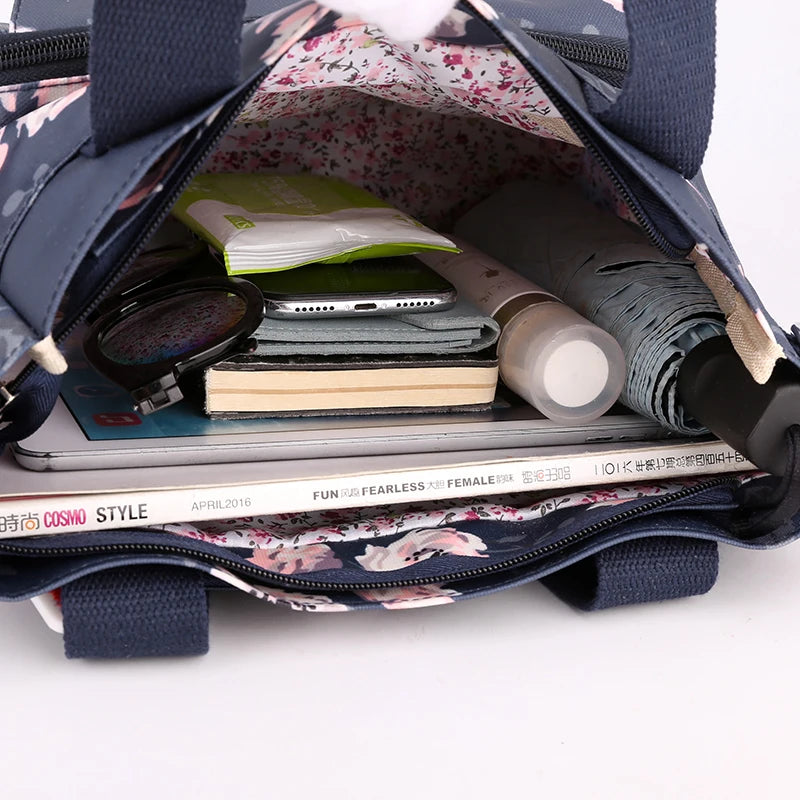 Floral Print Crossbody Bag Nylon Top-Handle Tote Women Handbag