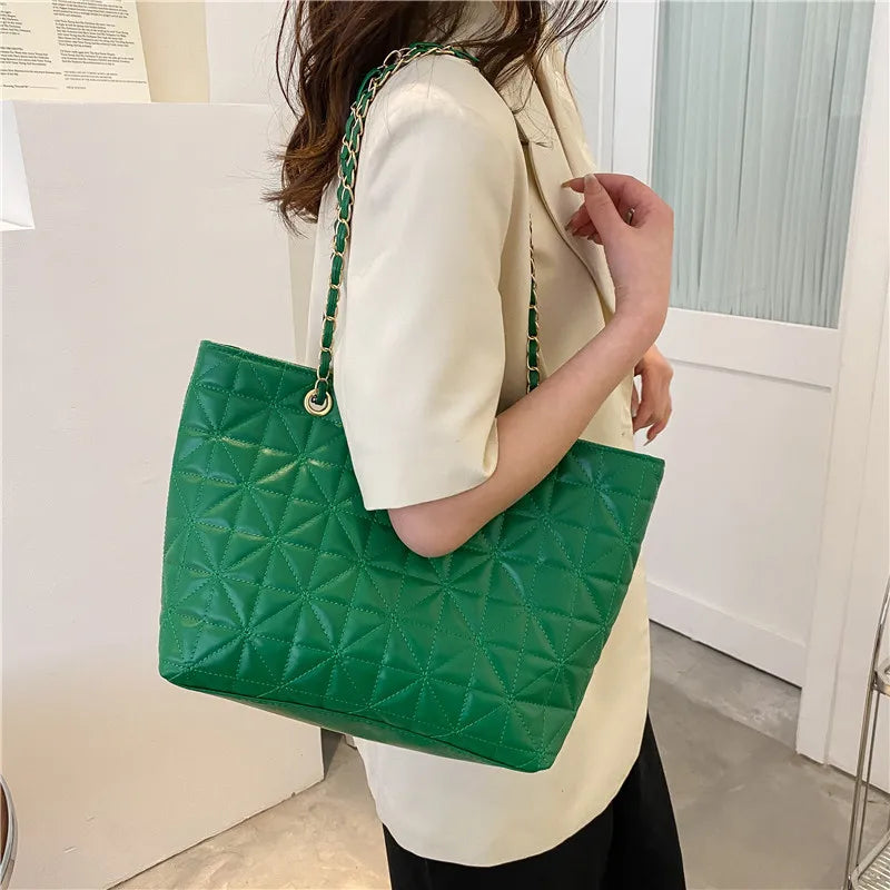 Large Capacity Diamond Chain Handbag Leather Tote Bag