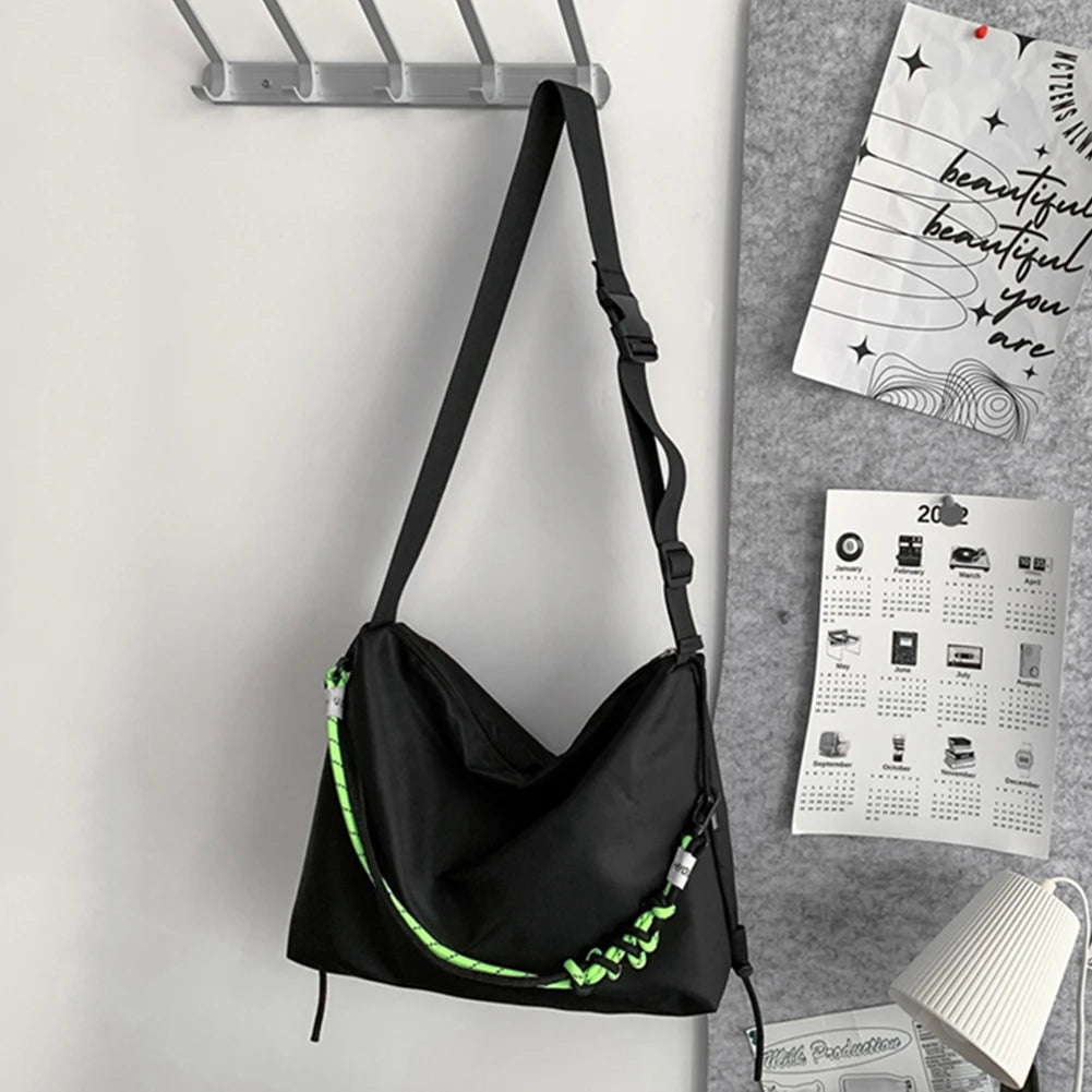 Large Capacity Shoulder Tote Bag with Green Ribbon for Travel Sports Cycling