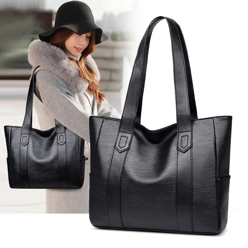Large Capacity PU Leather Tote Bag Double Strap Shoulder Bag Casual Messenger