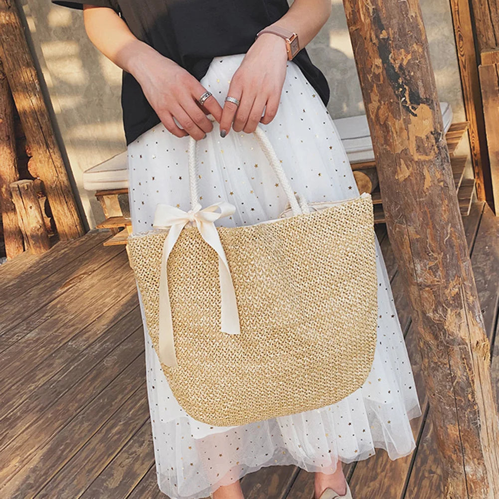Straw Handbags with Bow Women Shoulder Bags Drawstring Shopping Bags