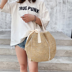 Straw Handbags with Bow Women Shoulder Bags Drawstring Shopping Bags