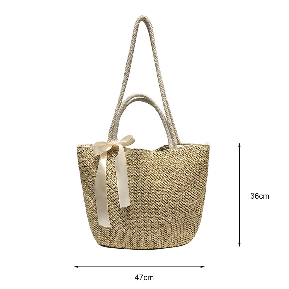 Straw Handbags with Bow Women Shoulder Bags Drawstring Shopping Bags