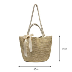 Straw Handbags with Bow Women Shoulder Bags Drawstring Shopping Bags