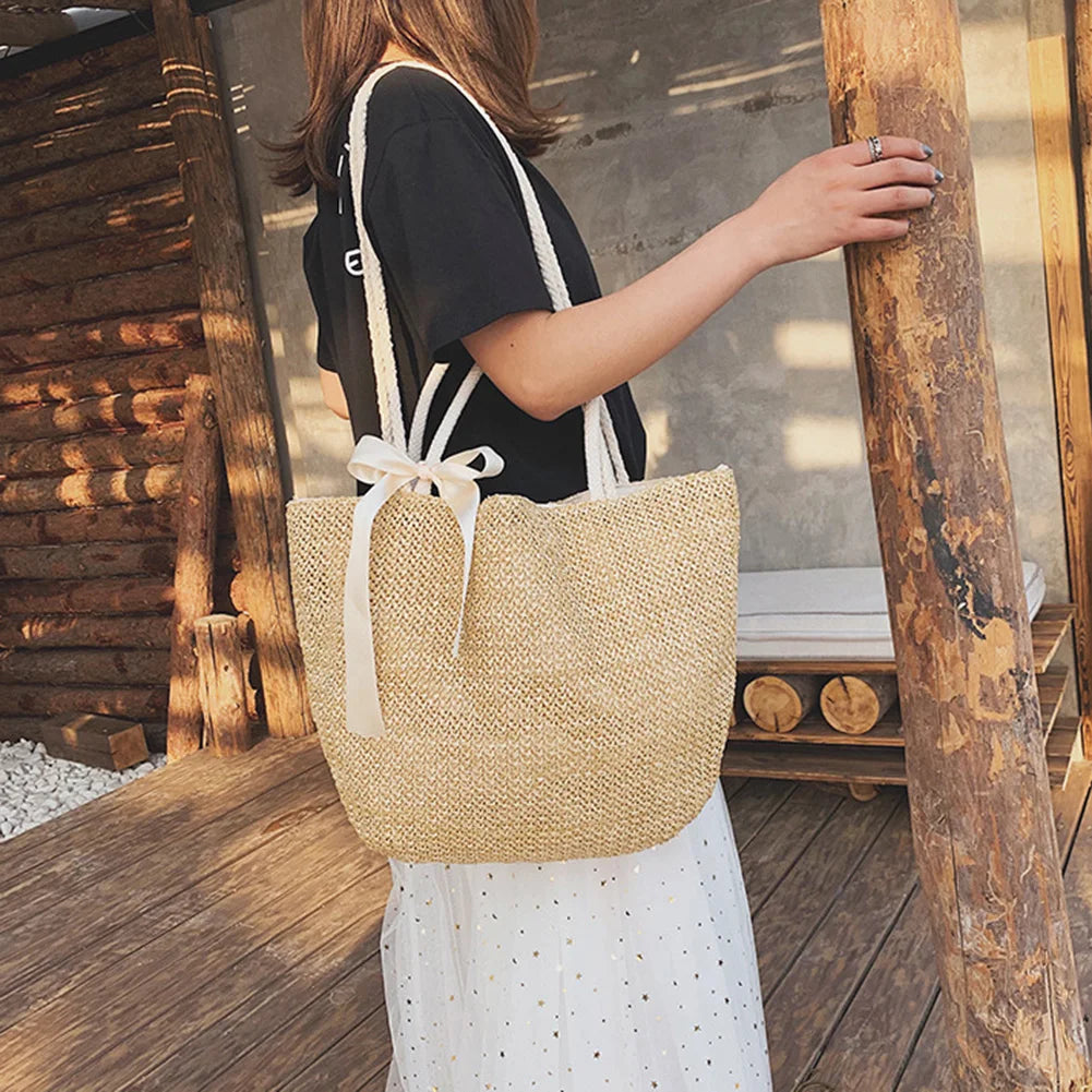 Straw Handbags with Bow Women Shoulder Bags Drawstring Shopping Bags