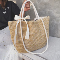 Straw Handbags with Bow Women Shoulder Bags Drawstring Shopping Bags