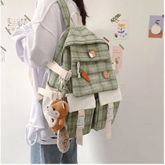 Cute Girl Backpack Canvas Schoolbag Plaid Travel Bag Women